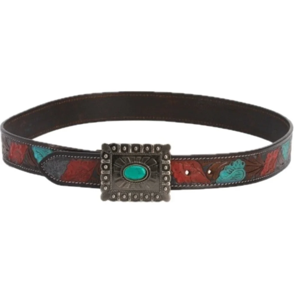 American Bison Womens Brown Leather Tooled Floral Belt Turquoise Antique Buckle